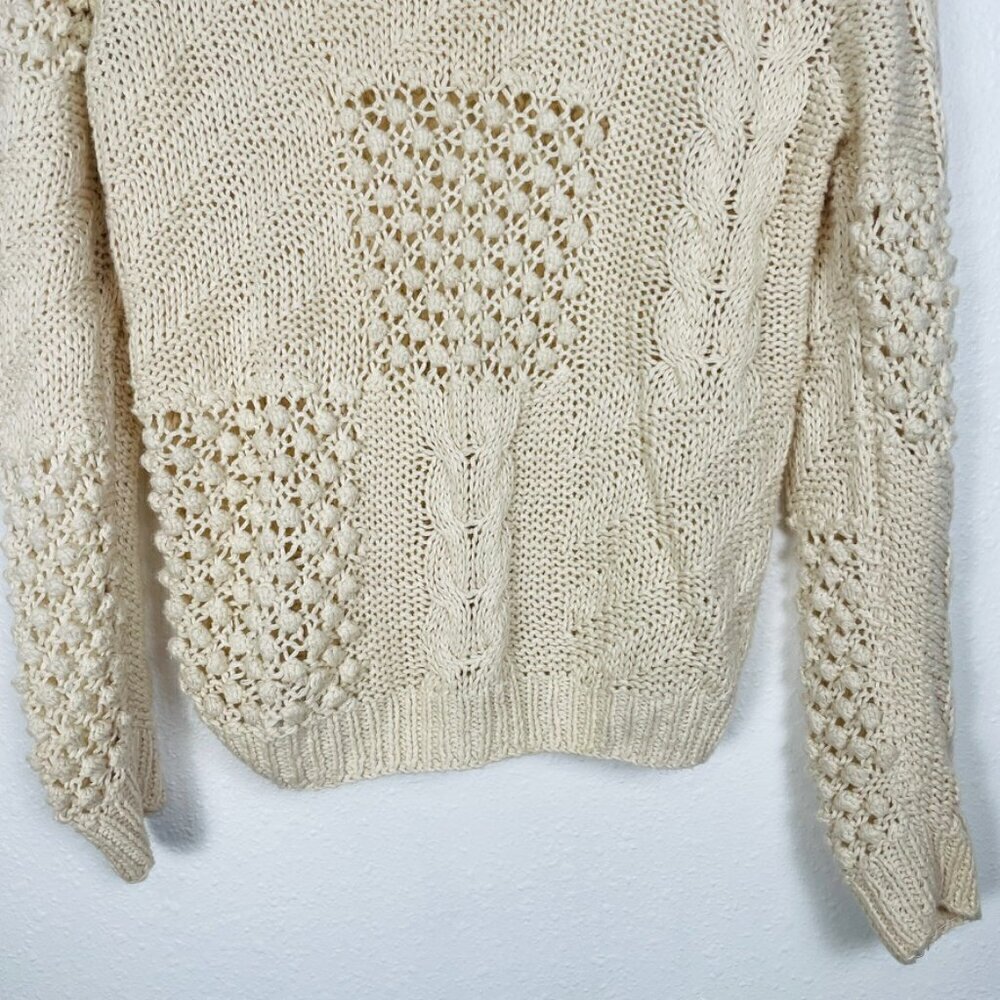 Vintage Hot Jazz Natural Made Hand Knit Cream knotted Eyelet Sweater Cottagecore - Picture 6 of 9